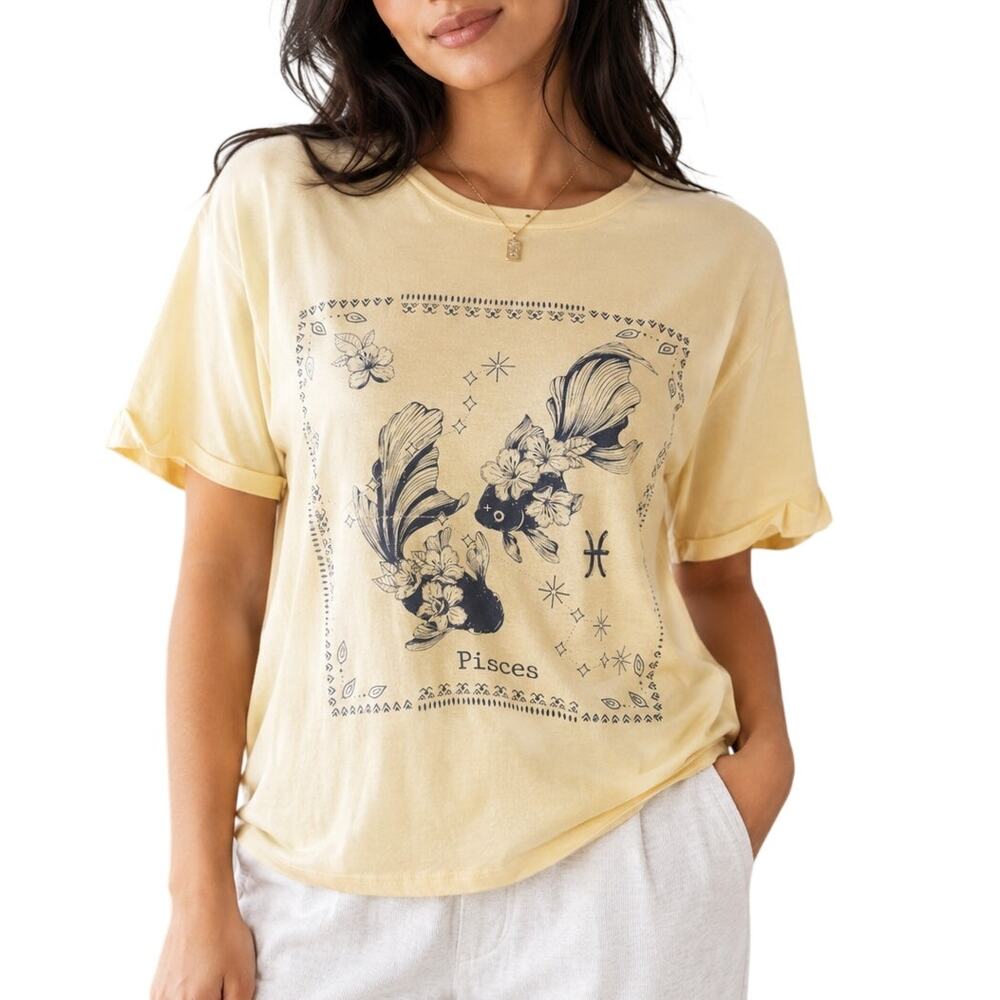 Papaya Yellow Pisces Zodiac Baby Tee Y2K Astrology Graphic Top Medium NWT